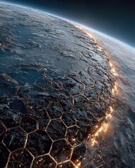 Earth's Surface with Hexagonal Grid and Lights