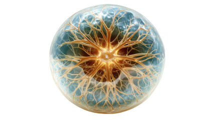 Neural network sphere with glowing dendrites and axons forming a complex brain connection, transparent background