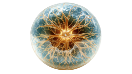 Neural network sphere with glowing dendrites and axons forming a complex brain connection, transparent background