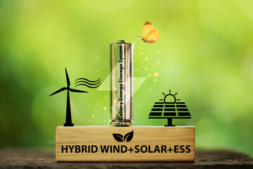 Hybrid wind+solar+ESS text on wood and icons on natural background