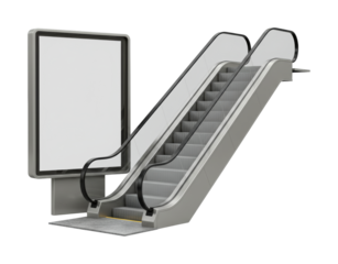 Modern grey escalator and blank billboard stand together, showcasing sleek design, metallic steps, and a prominent advertising screen, rendered with clean lines and even lighting
