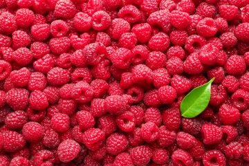 Fotobehang Muziek Fresh ripe raspberries and leaf as background, top view  © New Africa