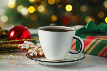 Aromatic coffee, cookie and Christmas decor on white wooden table against blurred lights, closeup
