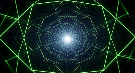 Abstract glowing green geometric lines forming a futuristic tunnel with a bright light at the end.