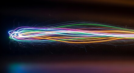 Vibrant colorful light trails creating a dynamic abstract pattern against a dark background.