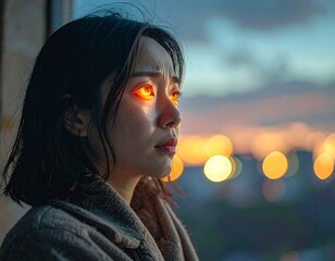 Woman gazing wistfully with glowing orange eyes against an evening backdrop