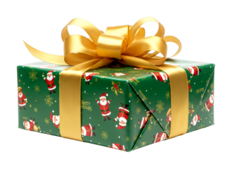 Festive green Christmas gift box, adorned with a cheerful Santa Claus pattern and golden snowflakes, is elegantly tied with a shimmering gold ribbon and bow, ready for holiday celebrations