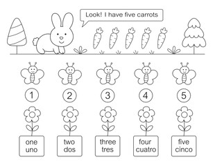 english with spanish translation, learn numbers 1-5 coloring page, cute design with a bunny, flowers and butterflies to color. ready to print on 8.5 x 11 inch paper. Exclusive on Adobe Stock