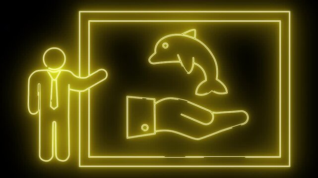 A neon sign of a person presenting an image of a hand supporting a dolphin on a black background