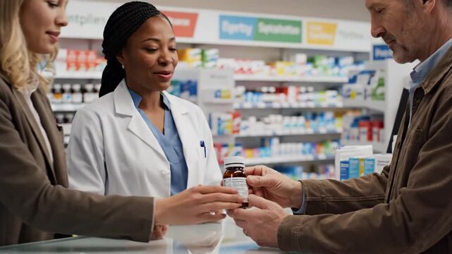 A smiling pharmacist hands a customer a medicine bottle at a pharmacy counter. Shelves stocked in the background