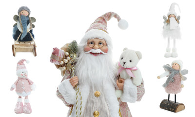 Merry Christmas and Happy New Year. Cute festive figures isolated on white, set