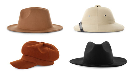 Set of different hats isolated on white