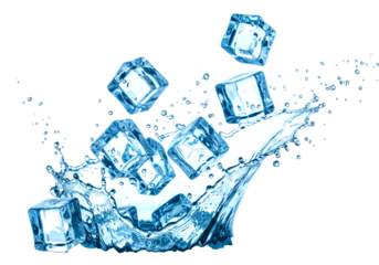 Multiple clear ice cubes and water splash create a dynamic, refreshing scene with vibrant blue tones and energetic droplets, captured in crisp detail