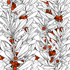 Hand drawn leaves and berries seamless pattern with detailed line art. Mixed media botanical design for textile, fabric, packaging, decoupage, prints. Modern art-deco in winter palette. 
