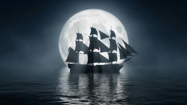 cartoon Sailing ship on water at night. Old tall ship silhouetted by bright full moon. Adventure, mystery, and ancient travel concept. anime pirate ship