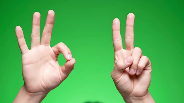 Thumbs Up and Down Gestures with male hands on green screen chroma background finger hand distortion, overlay, glitch, static noise, scan lines black background, 4k animated video loop