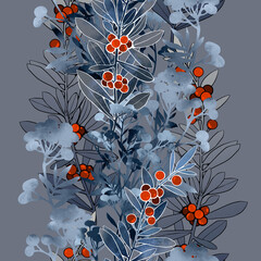 Hand drawn leaves and berries seamless pattern with detailed line art. Mixed media botanical design for textile, fabric, packaging, decoupage, prints. Modern art-deco in winter palette. 