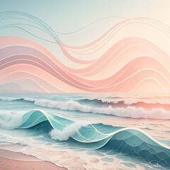 Serene Ocean Waves: Gentle waves of turquoise and white roll onto the shore, under a sky painted with soft pastel hues, evoking a sense of tranquility and peace. 