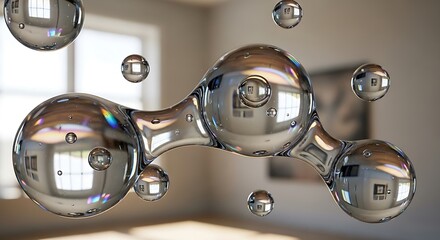 Reflective metallic spheres merging and floating in an abstract indoor setting.