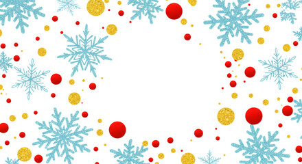 Sparkling light blue snowflakes and festive red and gold circles create a vibrant, celebratory border, perfect for winter holiday designs