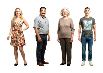 Obraz premium Four diverse individuals of different generations stand together, a young woman, a middle-aged man, an elderly woman, and a young man, all smiling confidently
