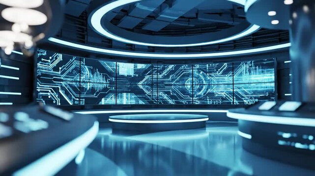 Seamless Looping Animation with tv studio news room background blue newsroom bakground control backdrop for any green screen or chroma key video production blurred of at station loop 3d rendering
