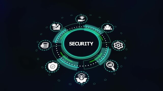 Advanced security dashboard with futuristic icons representing system protection, cyber defense, risk mitigation and digital safety monitoring tools.