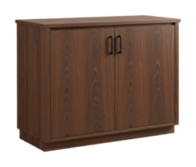 Dark brown wooden storage cabinet with two doors features sleek black handles, showcasing its modern design and rich wood grain texture under even studio lighting