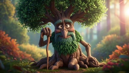A whimsical cartoon tree character with a green beard and staff sits in an enchanted forest with autumn colors.