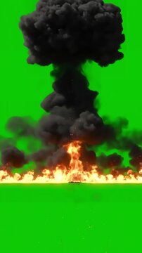 VFX Element Collection with wall or line of burst fire smoke isolated on green screen for chromakey use 4k uhd 60 fps 3d animation distortion, overlay, glitch, static noise, scan lines black