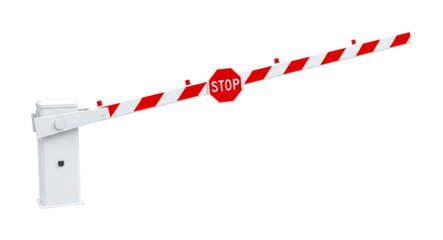 White and red striped barrier arm with a prominent red octagonal STOP sign attached, indicating restricted access. This modern security gate is depicted in a clean, clear style, conveying control and 