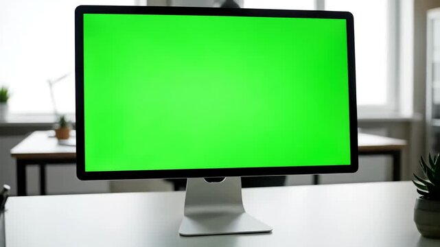 Interactive Content Placeholder with view from the back on male and female office workers sitting at desk in front of computer they watching something its green screen chroma key inside distortion