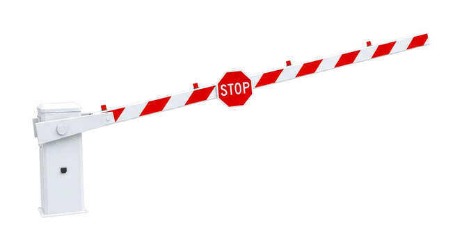 White and red striped barrier arm with a prominent red octagonal STOP sign attached, indicating restricted access. This modern security gate is depicted in a clean, clear style, conveying control and 