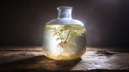 carboy. Clear glass carboy with floating green plant and visible roots on rustic wooden surface. gardening catalogs, home-decor guides, designed for home decor and floral branding.