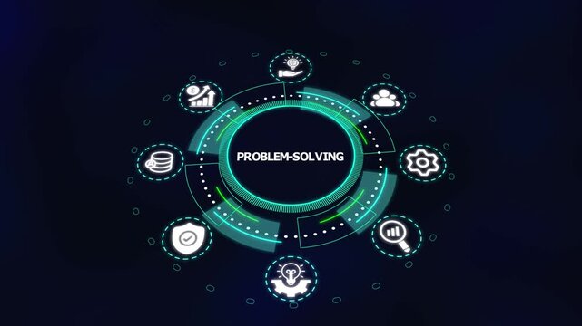 Problem-Solving and Smart Analysis Concept. Futuristic Technology Interface Visualizing Decision Making, Data Processing, Strategy Design, and Automated Solutions.