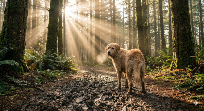Luz na Trilha Nebulosa Descri&ccedil;&atilde;o: Um c&atilde;o leal olha para tr&aacute;s em um caminho de floresta enlameado, sob raios de sol dram&aacute;ticos que atravessam a n&eacute;voa matinal entre os pinheiros.
