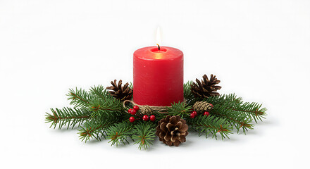 Red candle with pine branches and cones on white background berr