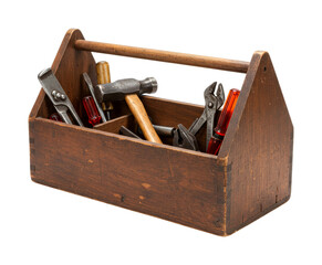 Old wooden toolbox filled with various hand tools displays a collection of essential implements for repair and construction, showcasing a rustic and vintage aesthetic with warm, natural lighting