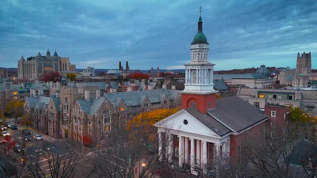 Elevated view of New Haven, Connecticut showing classic church architecture and Yale University buildings&mdash;perfect for travel, history, or education themes