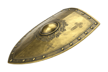 Ornate antique golden medieval shield featuring intricate embossed patterns, a central boss, and decorative rivets, presented with a rich, historical aesthetic
