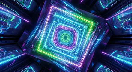 Abstract neon light tunnel with glowing geometric shapes creating a futuristic and vibrant visual effect.