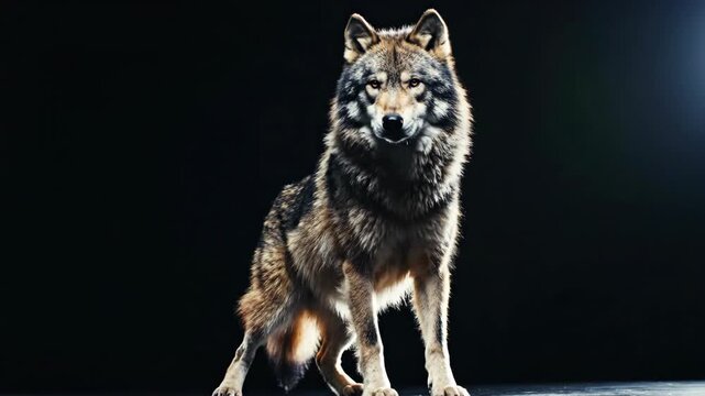 A majestic wolf stands against a dark background its fur a mix of brown gray and black Its intense eyes gaze forward