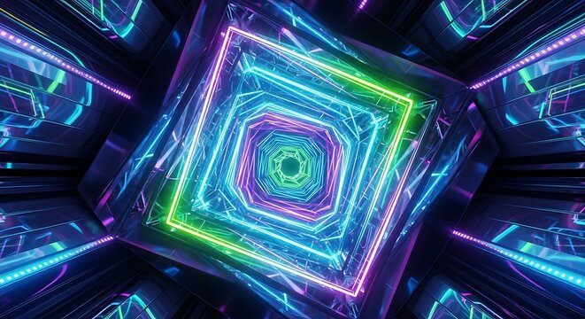 Abstract neon light tunnel with glowing geometric shapes creating a futuristic and vibrant visual effect.
