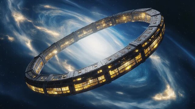 Massive ring-shaped space habitat rotates gracefully against a vibrant spiral galaxy