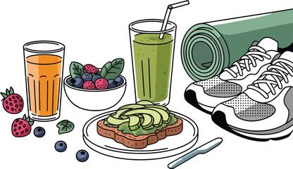 Healthy lifestyle elements including fresh fruit smoothies berries and athletic shoes