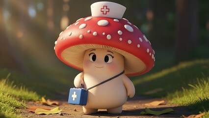 Adorable cartoon mushroom character dressed as a nurse carrying a first-aid kit walking on a sunny forest path.