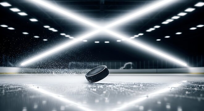 Hockey puck in the spotlight: A hockey puck on ice, under bright spotlights in an arena, captured a moment of the game. Emphasizing the arena's atmosphere, and highlighting the focus on the puck. - Powered by Adobe