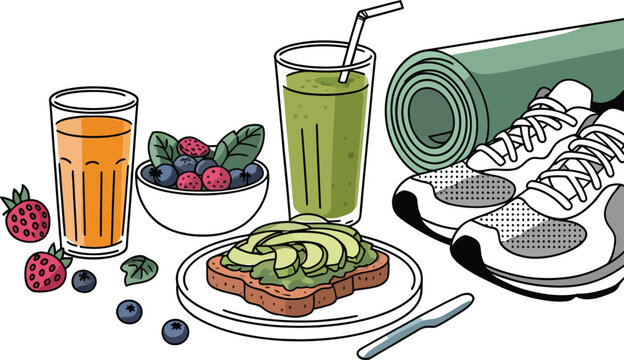 Healthy lifestyle elements including fresh fruit smoothies berries and athletic shoes - Powered by Adobe