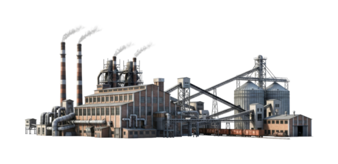 Detailed industrial factory complex with multiple buildings, tall smoking chimneys, large storage silos, and conveyor belts, showcasing heavy manufacturing processes under bright daylight