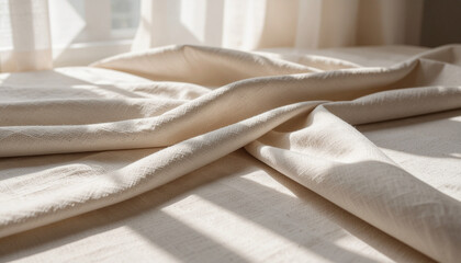 A close-up of natural, light beige linen fabric, folded in soft, rustic creases with sun rays creating striped shadows.
